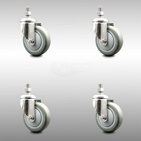 Service Caster 4 Inch 316SS Gray Polyurethane Wheel Swivel 3/8 Inch Threaded Stem Caster Set SCC-SS316TS20S414-PPUB-381615-4
